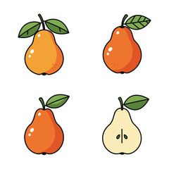 Four Stylized Pears with Leaves in Different Colors and a Cut Pear, Flat vector