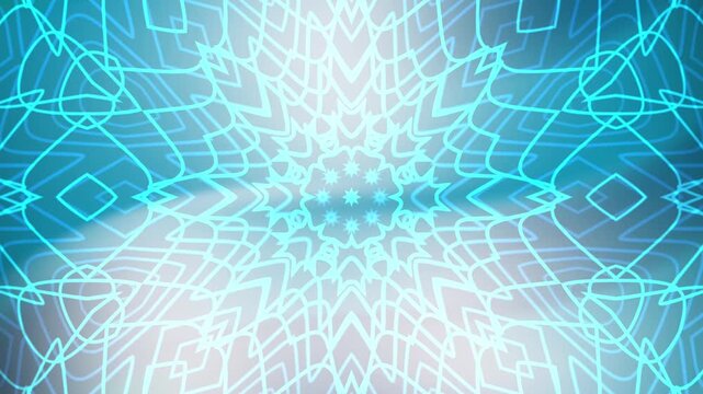 Peacock Feather Mesmerizing cyan kaleidoscope animation featuring intricate geometric patterns and symmetrical designs evolving slowly.