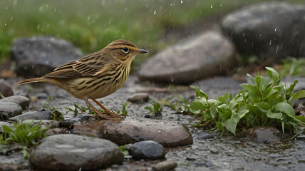 Tawny Pipit in Light Rain on a Stone Path

