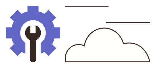 Gear with a wrench symbolizes tools and settings, paired with an abstract cloud outline. Ideal for technology, cloud computing, IT infrastructure, SaaS, data storage, development, simple flat