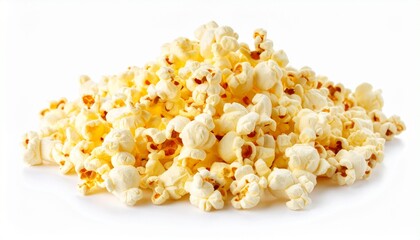 "Heap of freshly popped popcorn with golden highlights on a white background