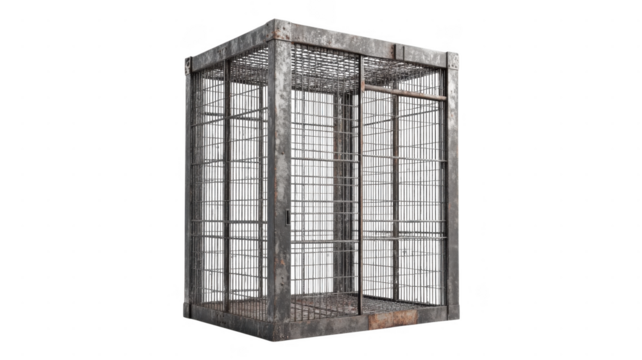 Industrial-style metal cage with open design set against an transparent background