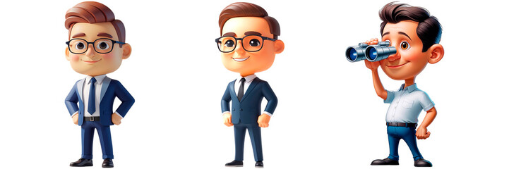 Businessman character posing and looking through binoculars on transparent background