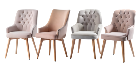 Photo of set of four modern upholstered chairs with wooden legs isolated on transparent background