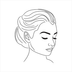 Beautiful woman face outline illustration. Elegant line art portrait of a girl with closed eyes and an updo hairstyle. Hand-drawn sketch for beauty, spa, fashion, or coloring page.
