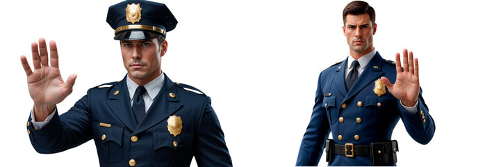 Police officers showing stop hand gesture on transparent background