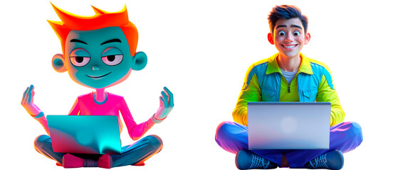 Two cartoon boys meditating and working with laptops on transparent background