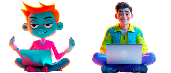 Two cartoon boys meditating and working with laptops on transparent background