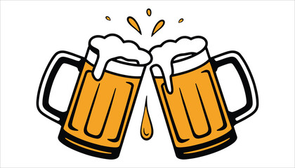 Clinking Beer Mugs Vector Illustration with Foam Splash Isolated on White Background
