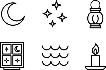 Crescent Moon, Stars, Lantern, Window, Waves, Candle Line Icons on Transparent