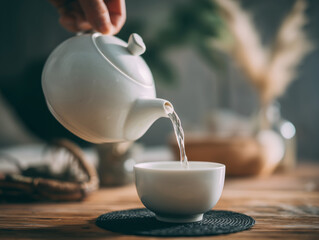 Pouring hot water from a white teapot into a ceramic cup on a wooden table with a cozy background
