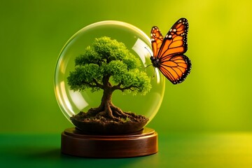 Glass Sphere With Bonsai Tree And Butterfly Display