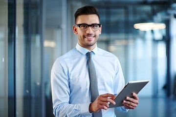 Fototapeta premium Portrait of a confident businessman holding tablet in office hallway for professional use