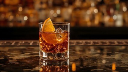 Old Fashioned cocktail with orange twist, bourbon, ice cubes, luxe bar setting, amber glow, reflections, 4k detail
