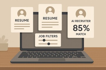 Illustrated job matching system showing AI recruiter with resumes, job filters, and match percentage on laptop
