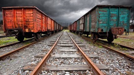 Fototapeta premium Old freight train cars on rusted tracks under dark stormy sky creating a moody industrial scene