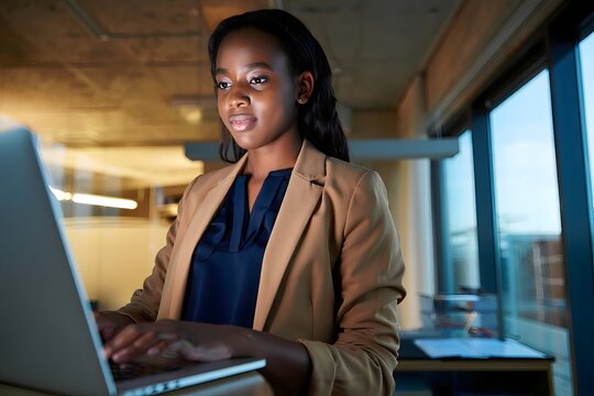 Professional black woman working on laptop in modern office late at night business concept