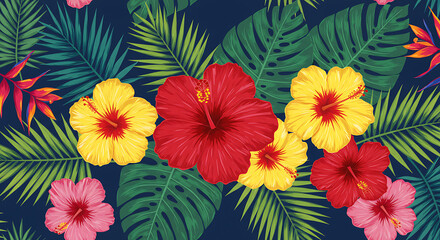 Naklejka premium Vibrant Seamless Pattern with Tropical Flowers and Palm Leaves
