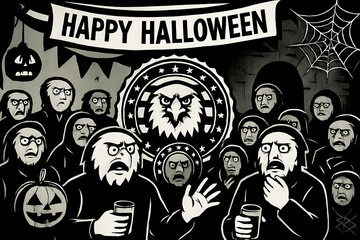 Vintage halloween icons set featuring a cartoon skull, retro woman, and fashion symbol in a vector illustration poster design
