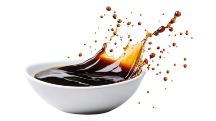 Splash of dark liquid creates dynamic pattern in a white bowl during vibrant moment