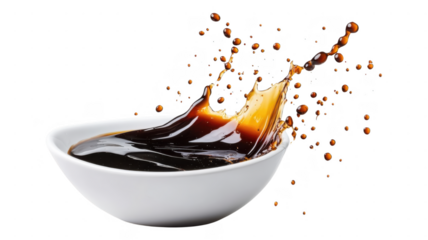 Splash of dark liquid creates dynamic pattern in a white bowl during vibrant moment