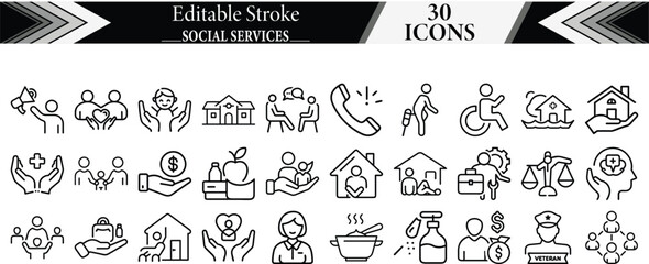 Social Services & Support line icon set. Social Worker, Food Bank, Foster Care, Homeless Shelter, Crisis Hotline, Job Training, Legal Aid, Home Care. editable Vector collection