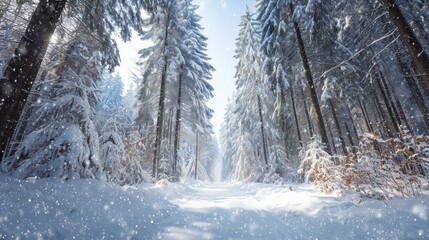 Snowy Forest Path Through Evergreen Trees