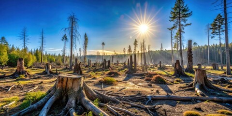 Obraz premium Sunlit Aftermath A landscape of felled trees, stumps, and exposed earth under a radiant sun, showcasing the stark reality of deforestation and ecological impact.