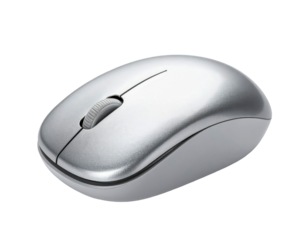 Silver mouse computer wireless mouse technology device ergonomic equipment tool on transparent background