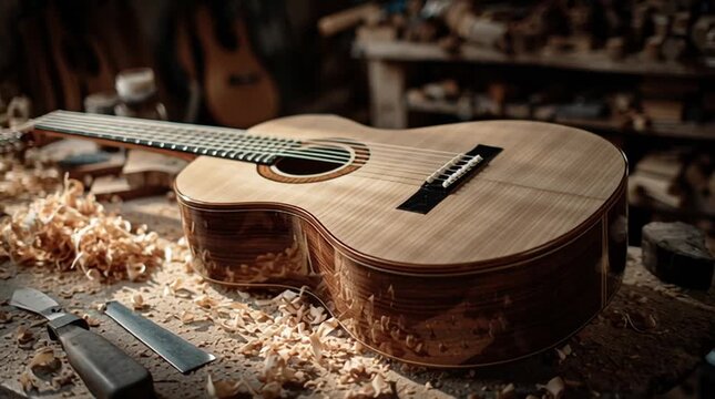 Workshop filled with tools and wood shavings surrounding a half-finished guitar on a workbench