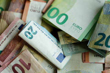 Close-up of various euro banknotes, ideal for finance or business concepts.