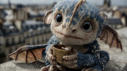 Naklejka premium A cute, whimsical dragon-like creature holding a golden cup in an urban setting