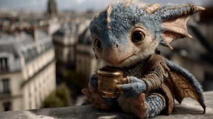 Naklejka premium A small dragon-like creature with blue skin sits holding a golden cup on a city background