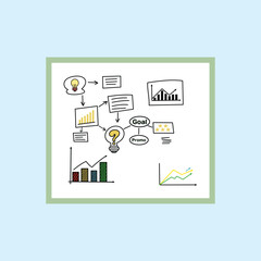 The image of a whiteboard with business icons such as graphs, ideas, and clouds connected by arrows shows the concept of teamwork and growth strategy.
