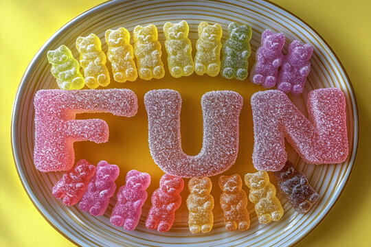 Colorful gummy candies arranged to spell fun on a bright yellow plate, with an assortment of bear-shaped sweets surrounding the letters