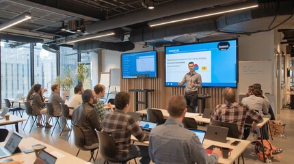 Tech startup founders engage investors in a modern conference room showcasing innovative ideas with large screens - Powered by Adobe