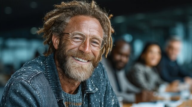 A smiling man with glasses and dreadlocks sitting at a meeting table with others