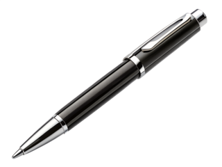 Photo of a modern black and silver ballpoint pen with a chrome clip, isolated on a transparent background, perfect for writing and office use