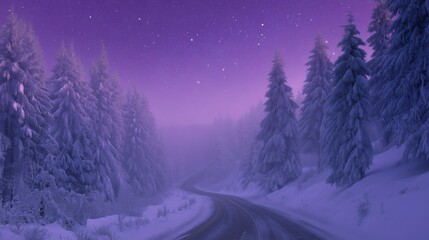 Enchanted Winter Road Under Starry Sky