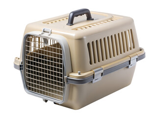 Fototapeta premium Photo of beige pet carrier for animal travel and transport, isolated on transparent background