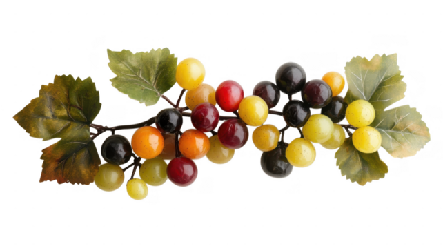 Vibrant assortment of artificial grapes with leaves on a white background