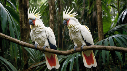 Two Palm Cockatoos Interacting on a Rainforest Branch
