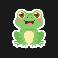 Cute green frog with a happy smile and pink cheeks sitting against a black background