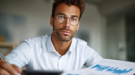 Obraz premium Focused Professional: A focused individual, donned in spectacles, delves into financial reports, embodying intelligence and professional dedication.