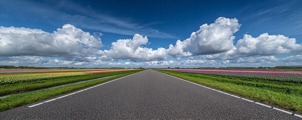 Asphalt Road Flanked by Vibrant Yellow and Red Tulip Fields with Green Grass Under Blue Sky