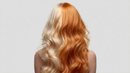 Naklejka premium Dichromatic Hair: A unique portrait showcases a woman's back with a striking hairstyle split into two halves, one blonde, one vibrant orange, symbolizing duality and self-expression. 