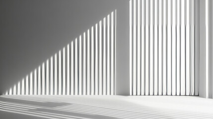 Naklejka premium Minimalist white room with bright natural light and abstract shadows. Clean background creating a soothing, geometric ambiance.
