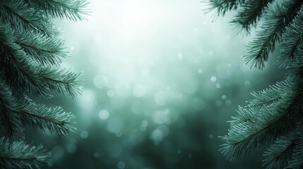 Frosty pine branches frame sparkling bokeh lights. A beautiful, wintry backdrop for festive designs.