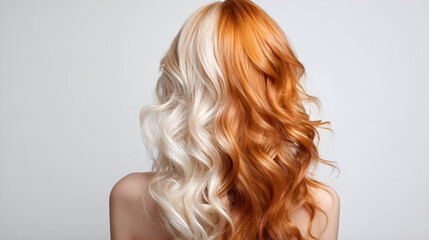 Fototapeta premium Dual-toned Hair: Capturing the artistry of hair styling, this shot showcases a stunning blend of vibrant orange and platinum blonde hair, representing beauty and fashion.