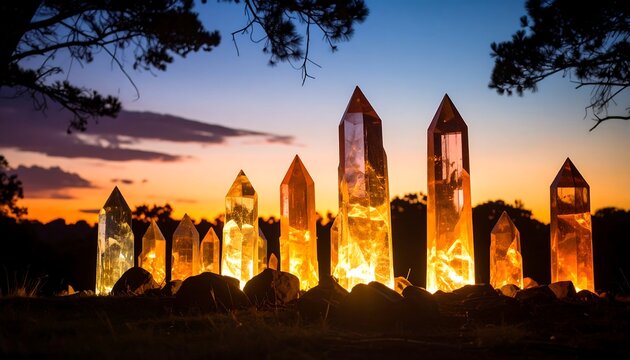 Glowing Crystal Formations at Dusk on Hillside - Powered by Adobe
